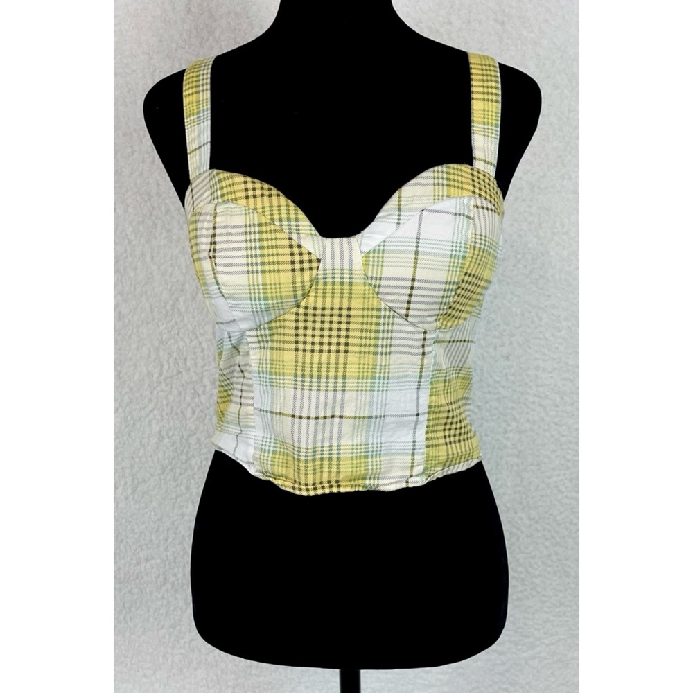 TWINE & STRING • Yellow/Green/White/Brown Plaid Bustier Smocked Crop Top, L - Picture 2 of 16